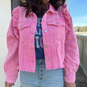 Bibi Pink Ruffle Denim Jacket Cropped NWT Size Large Barbiecore Western Coquette